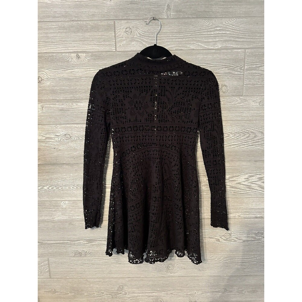 FP Beach Black Eyelet Mock Neck Long Sleeve A-Line Mini Dress XS